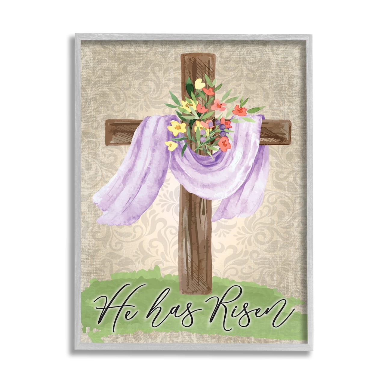 Stupell Industries He Has Risen Spring Floral Cross Brown Damask Pattern Framed Giclee Art